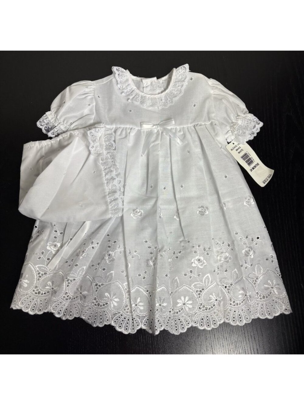Vintage 80s ALEXIS Baby Girl 24M White Christening/Baptism Dress & Bonnet Set